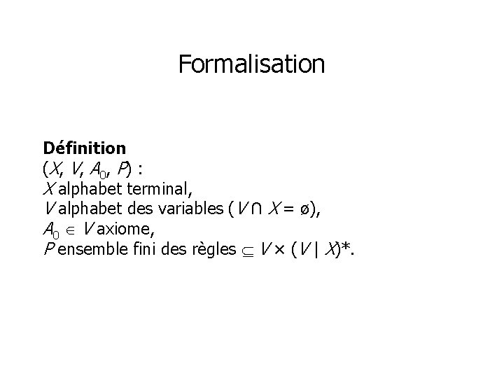 Formalisation Définition ( X , V , A 0 , P) : X alphabet