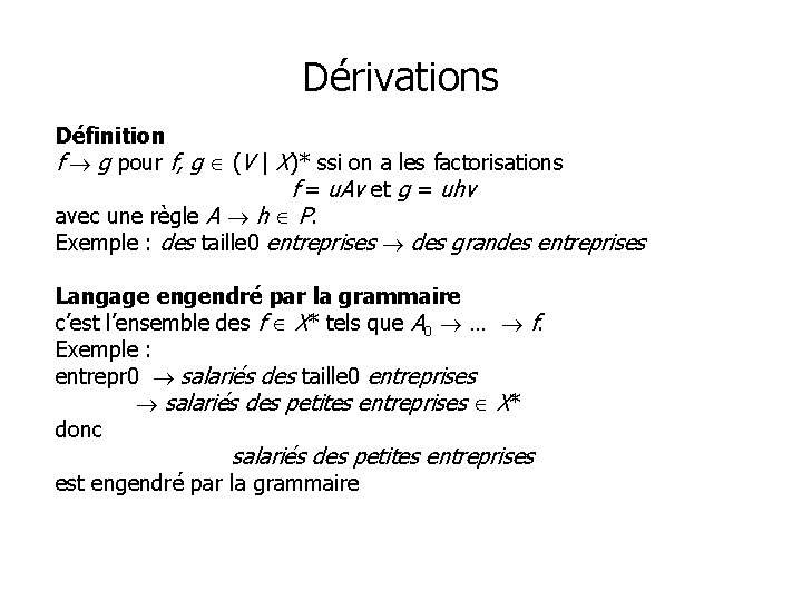 Dérivations Définition f g pour f, g (V | X)* ssi on a les