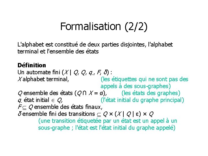 Formalisation (2/2) L'alphabet est constitué de deux parties disjointes, l'alphabet terminal et l'ensemble des