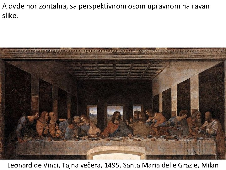 A ovde horizontalna, sa perspektivnom osom upravnom na ravan slike. Leonard de Vinci, Tajna