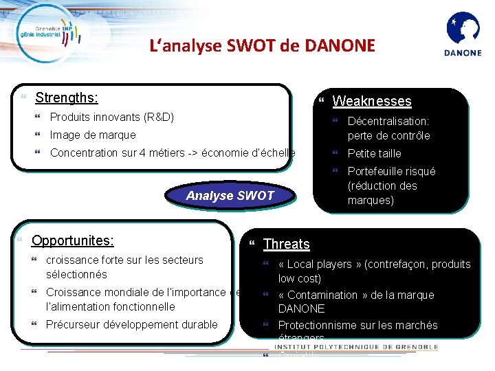 L‘analyse SWOT de DANONE Strengths: Produits innovants (R&D) Image de marque Concentration sur 4 L‘analyse SWOT de DANONE Strengths: Produits innovants (R&D) Image de marque Concentration sur 4