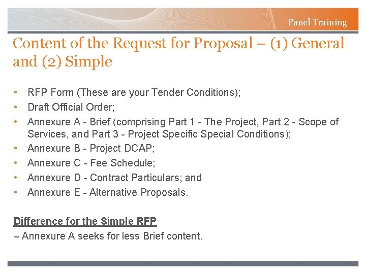 Panel Training Content of the Request for Proposal – (1) General and (2) Simple