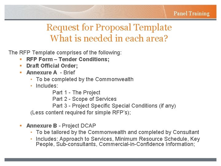 Panel Training Request for Proposal Template What is needed in each area? The RFP