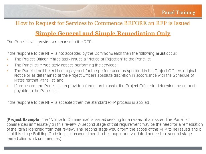 Panel Training How to Request for Services to Commence BEFORE an RFP is Issued