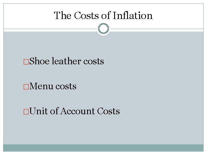 The Costs of Inflation �Shoe leather costs �Menu �Unit costs of Account Costs 