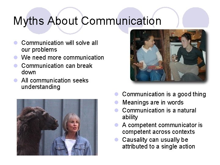 Myths About Communication l Communication will solve all our problems l We need more
