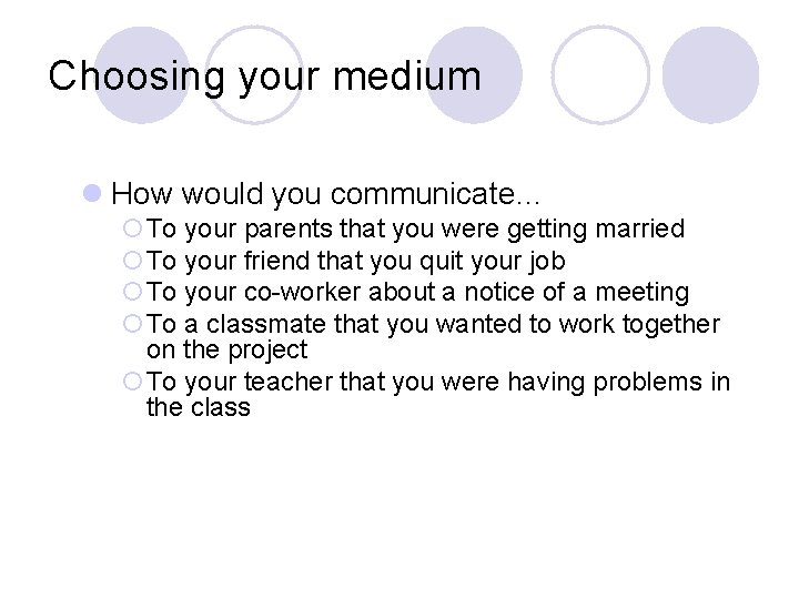 Choosing your medium l How would you communicate… ¡To your parents that you were