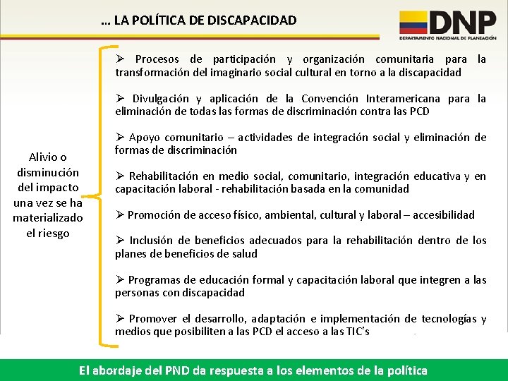 … LA POLÍTICA DE DISCAPACIDAD Ø Procesos de participación y organización comunitaria para la