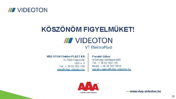 KÖSZÖNÖM FIGYELMÜKET! VIDEOTON Elektro-PLAST Kft. H-7400 Kaposvár Izzó u. 3 Tel. : + 36