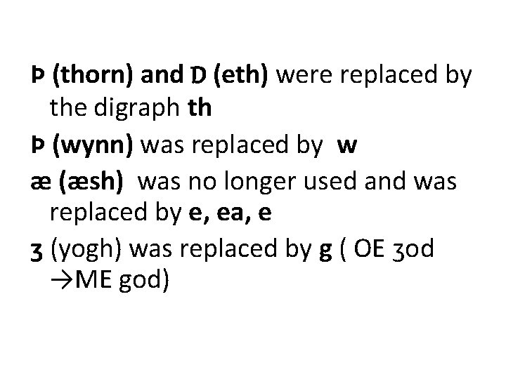 Þ (thorn) and D (eth) were replaced by the digraph th Þ (wynn) was