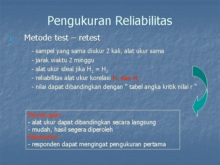 Pengukuran Reliabilitas 1. Metode test – retest - sampel yang sama diukur 2 kali,