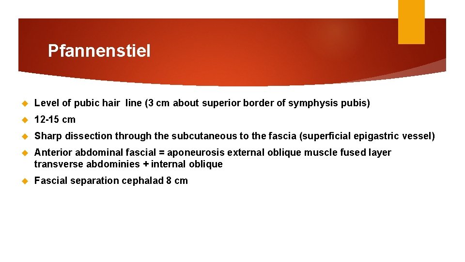 Pfannenstiel Level of pubic hair line (3 cm about superior border of symphysis pubis)