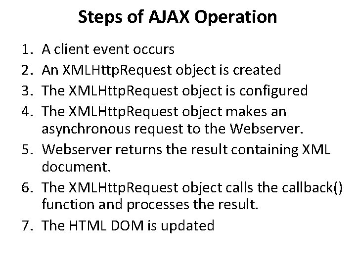 Steps of AJAX Operation 1. 2. 3. 4. A client event occurs An XMLHttp.