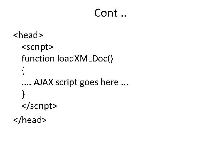Cont. . <head> <script> function load. XMLDoc() {. . AJAX script goes here. .
