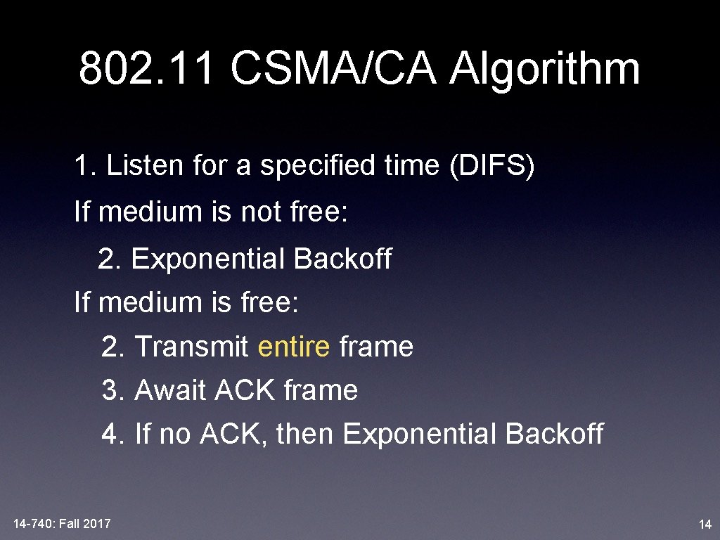 802. 11 CSMA/CA Algorithm 1. Listen for a specified time (DIFS) If medium is