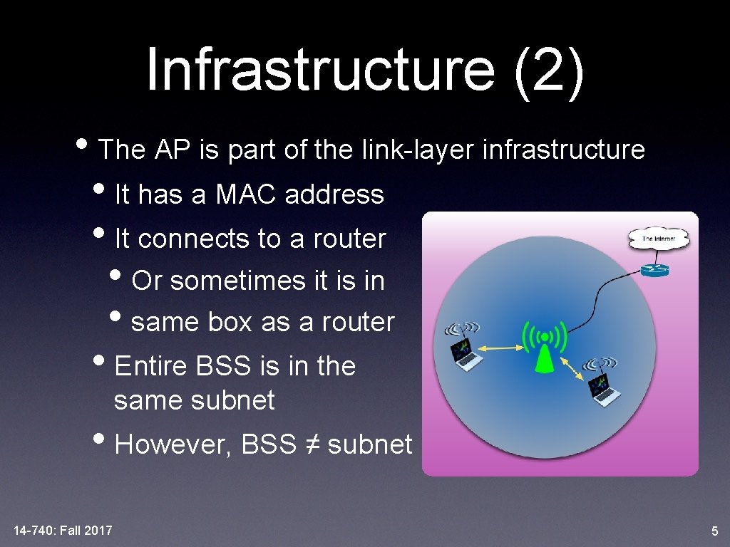 Infrastructure (2) • The AP is part of the link-layer infrastructure • It has