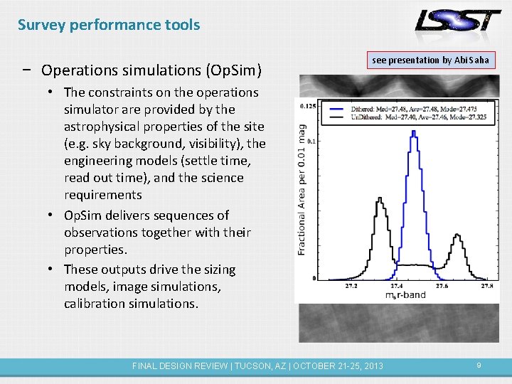 Survey performance tools − Operations simulations (Op. Sim) see presentation by Abi Saha •