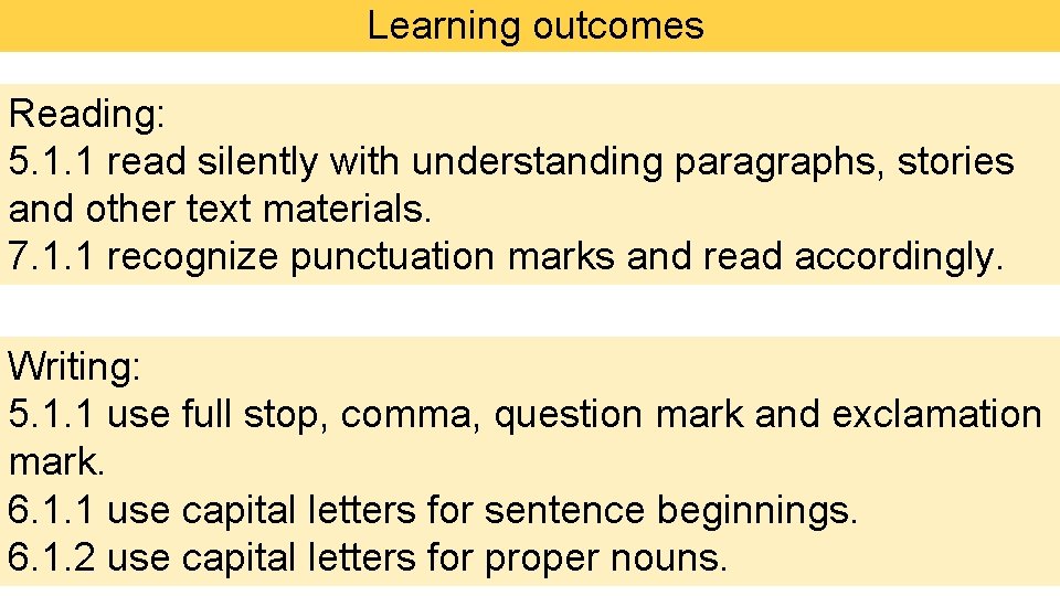 Learning outcomes Reading: 5. 1. 1 read silently with understanding paragraphs, stories and other