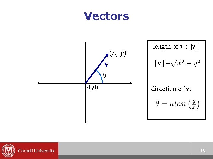 Vectors (x, y) v (0, 0) length of v : ||v|| = direction of