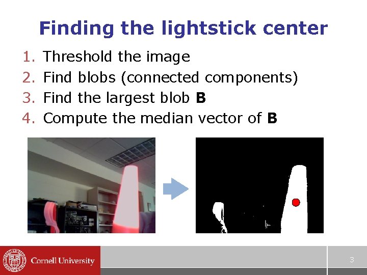 Finding the lightstick center 1. 2. 3. 4. Threshold the image Find blobs (connected