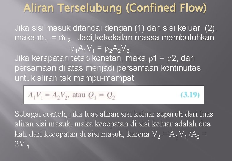 Aliran Terselubung (Confined Flow) Jika sisi masuk ditandai dengan (1) dan sisi keluar (2),