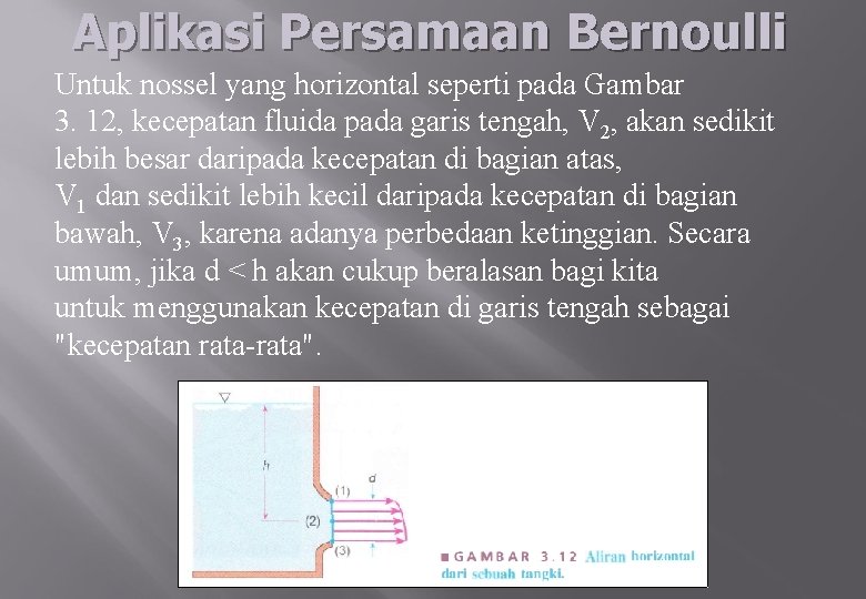 Aplikasi Persamaan Bernoulli Untuk nossel yang horizontal seperti pada Gambar 3. 12, kecepatan fluida