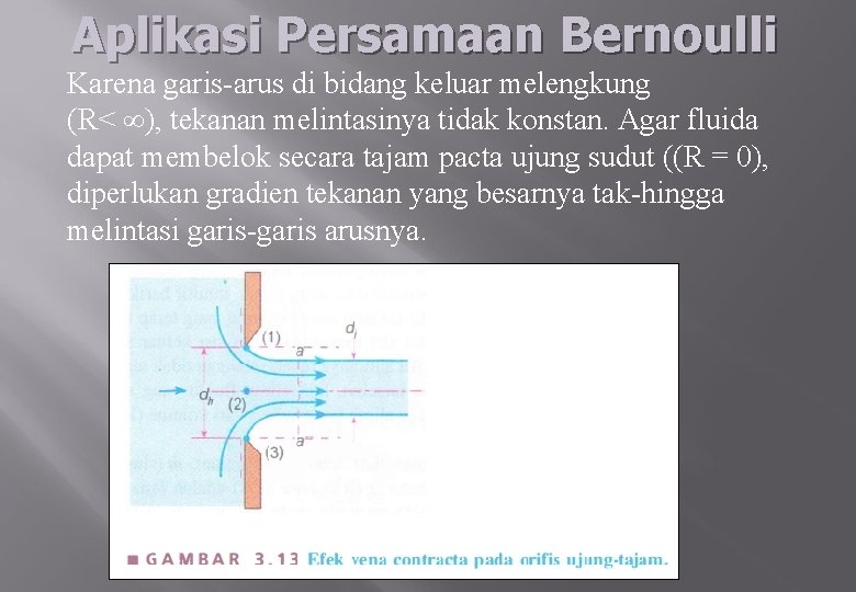 Aplikasi Persamaan Bernoulli Karena garis-arus di bidang keluar melengkung (R< ), tekanan melintasinya tidak
