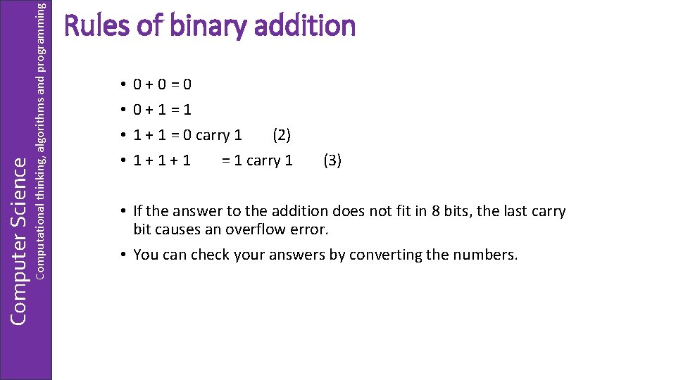 Computational thinking, algorithms and programming Computer Science Rules of binary addition • • 0+0=0