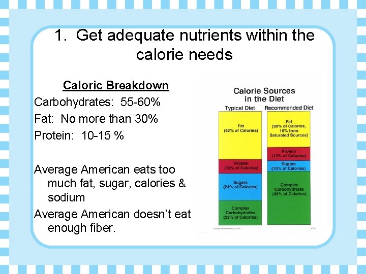 1. Get adequate nutrients within the calorie needs Caloric Breakdown Carbohydrates: 55 -60% Fat: