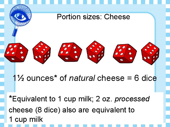 Portion sizes: Cheese 1½ ounces* of natural cheese = 6 dice *Equivalent to 1