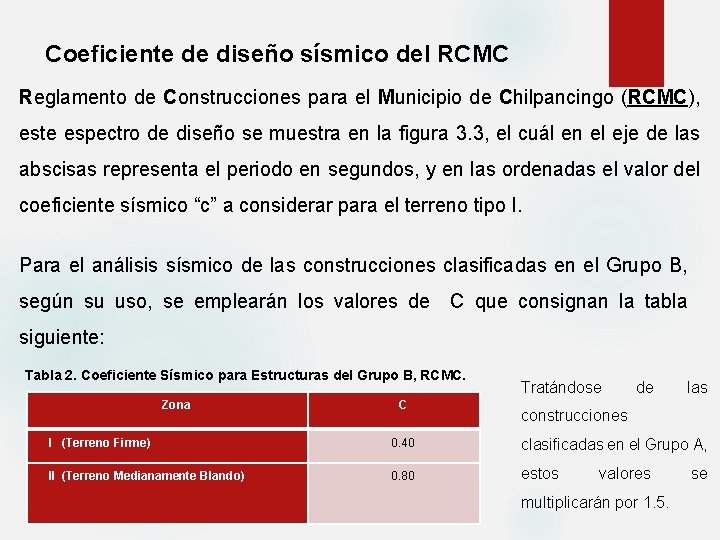 Coeficiente de diseño sísmico del RCMC Reglamento de Construcciones para el Municipio de Chilpancingo