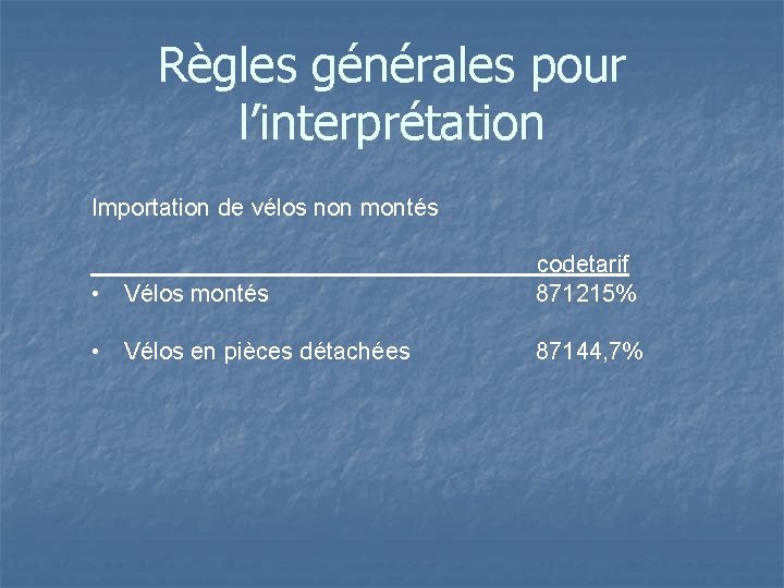 Règles générales pour l’interprétation Importation de vélos non montés • Vélos montés codetarif 871215%