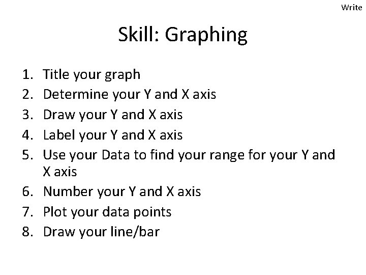 Write Skill: Graphing 1. 2. 3. 4. 5. Title your graph Determine your Y