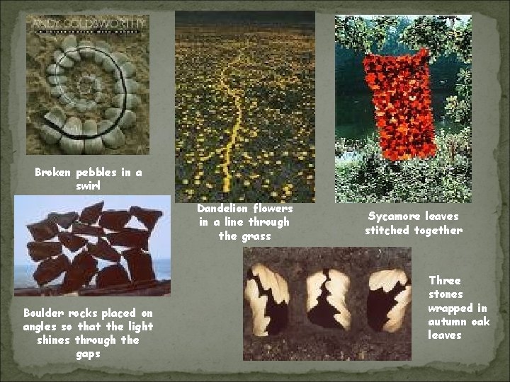 Broken pebbles in a swirl Dandelion flowers in a line through the grass Boulder