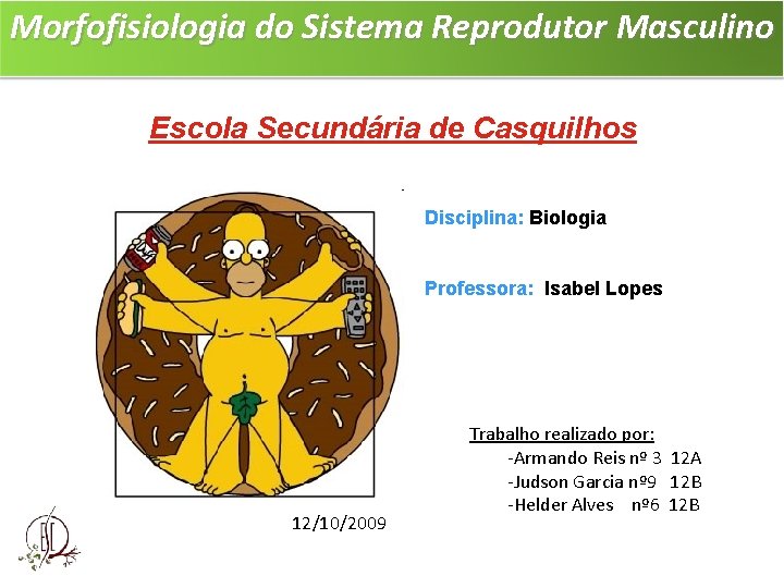 Morfofisiologia do Sistema Reprodutor Masculino Escola Secundária de Casquilhos Disciplina: Biologia Professora: Isabel Lopes