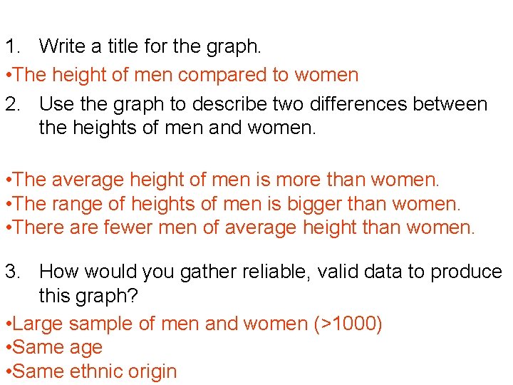 1. Write a title for the graph. • The height of men compared to 1. Write a title for the graph. • The height of men compared to