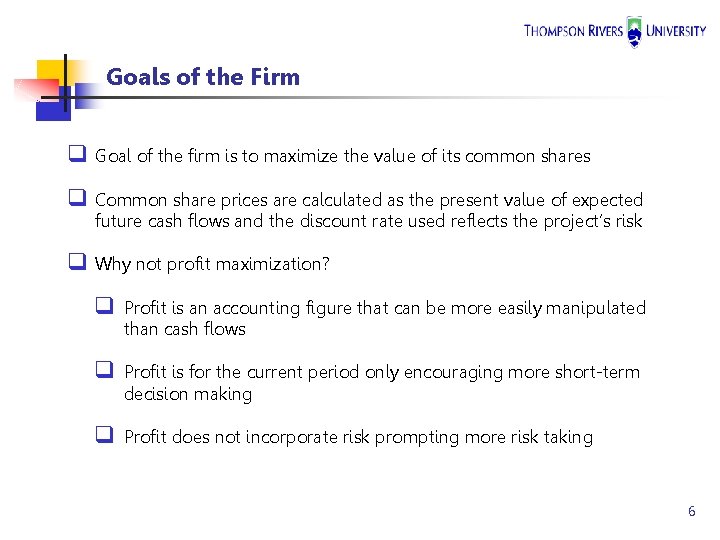 Goals of the Firm q Goal of the firm is to maximize the value