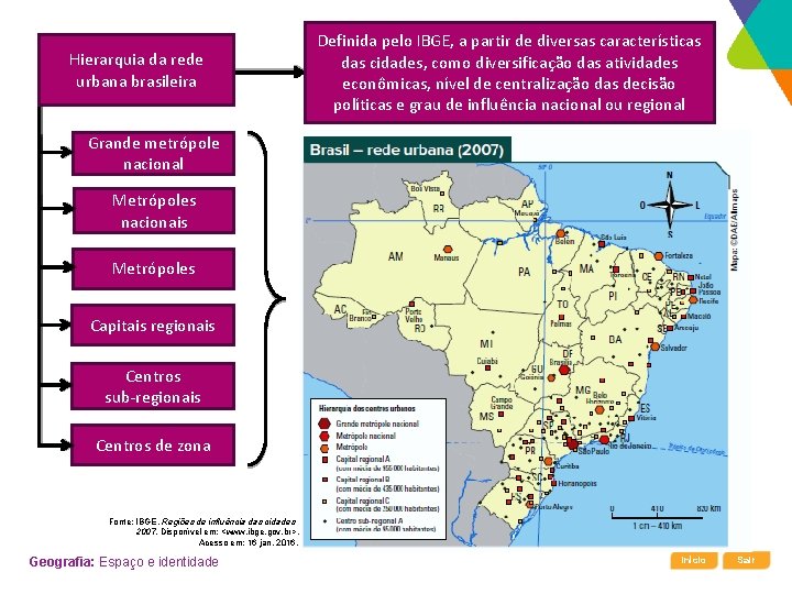 Hierarquia da rede urbana brasileira Definida pelo IBGE, a partir de diversas características das