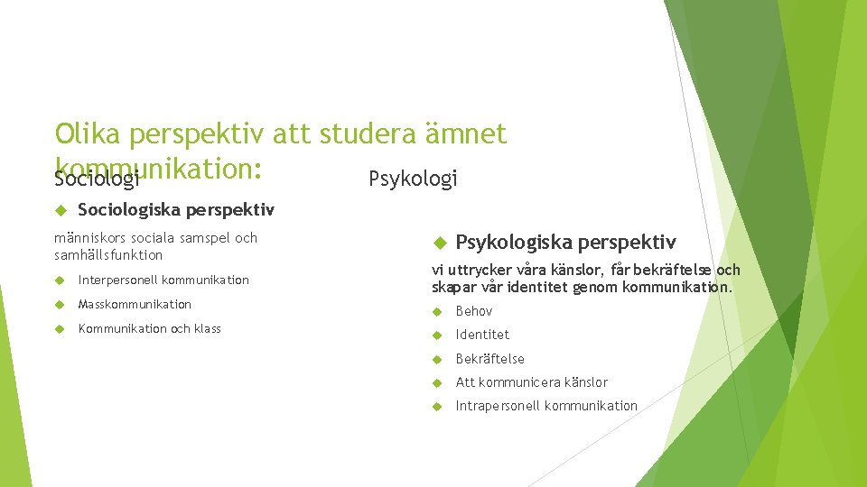 Olika perspektiv att studera ämnet kommunikation: Sociologi Psykologi Sociologiska perspektiv människors sociala samspel och