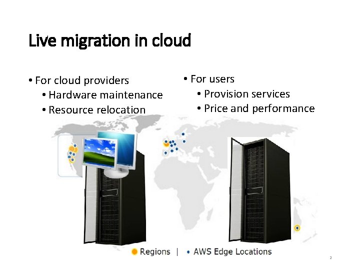 Live migration in cloud • For cloud providers • Hardware maintenance • Resource relocation