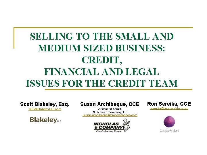 SELLING TO THE SMALL AND MEDIUM SIZED BUSINESS: CREDIT, FINANCIAL AND LEGAL ISSUES FOR