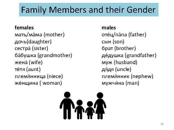 Family Members and their Gender females мать/ма ма (mother) дочь(daughter) сестрa (sister) ба бушка