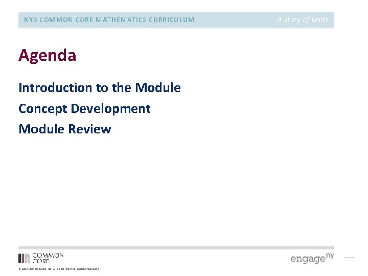 NYS COMMON CORE MATHEMATICS CURRICULUM Agenda Introduction to the Module Concept Development Module Review