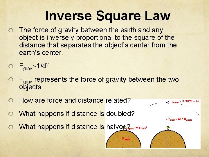 Inverse Square Law The force of gravity between the earth and any object is