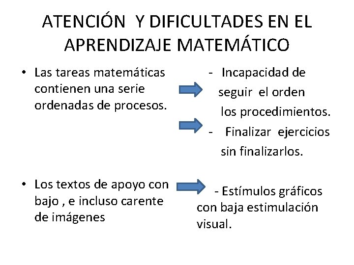 ATENCIÓN Y DIFICULTADES EN EL APRENDIZAJE MATEMÁTICO • Las tareas matemáticas contienen una serie