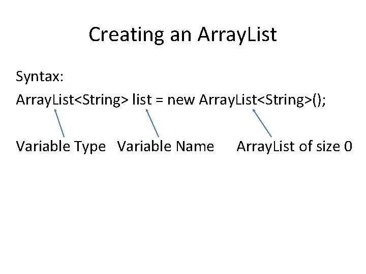 Creating an Array. List Syntax: Array. List<String> list = new Array. List<String>(); Variable Type