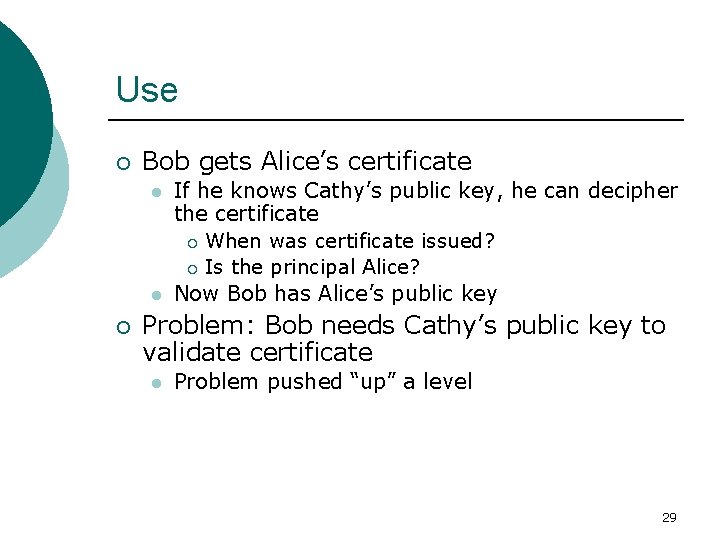 Use ¡ Bob gets Alice’s certificate l l ¡ If he knows Cathy’s public