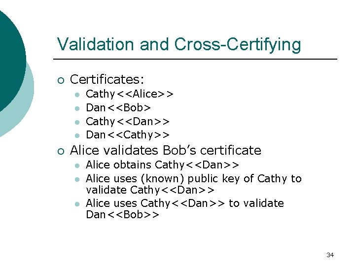 Validation and Cross-Certifying ¡ Certificates: l l ¡ Cathy<<Alice>> Dan<<Bob> Cathy<<Dan>> Dan<<Cathy>> Alice validates