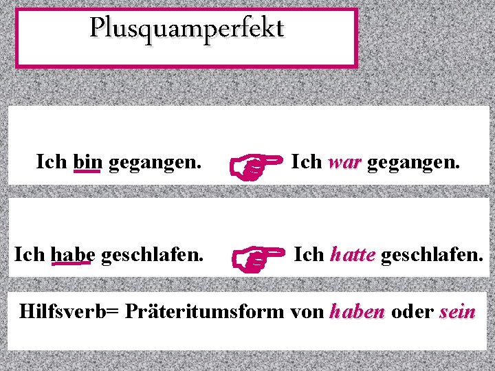 Plusquamperfekt Ich bin gegangen. Ich habe geschlafen. F F Ich war gegangen. Ich hatte