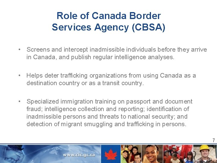 Role of Canada Border Services Agency (CBSA) • Screens and intercept inadmissible individuals before